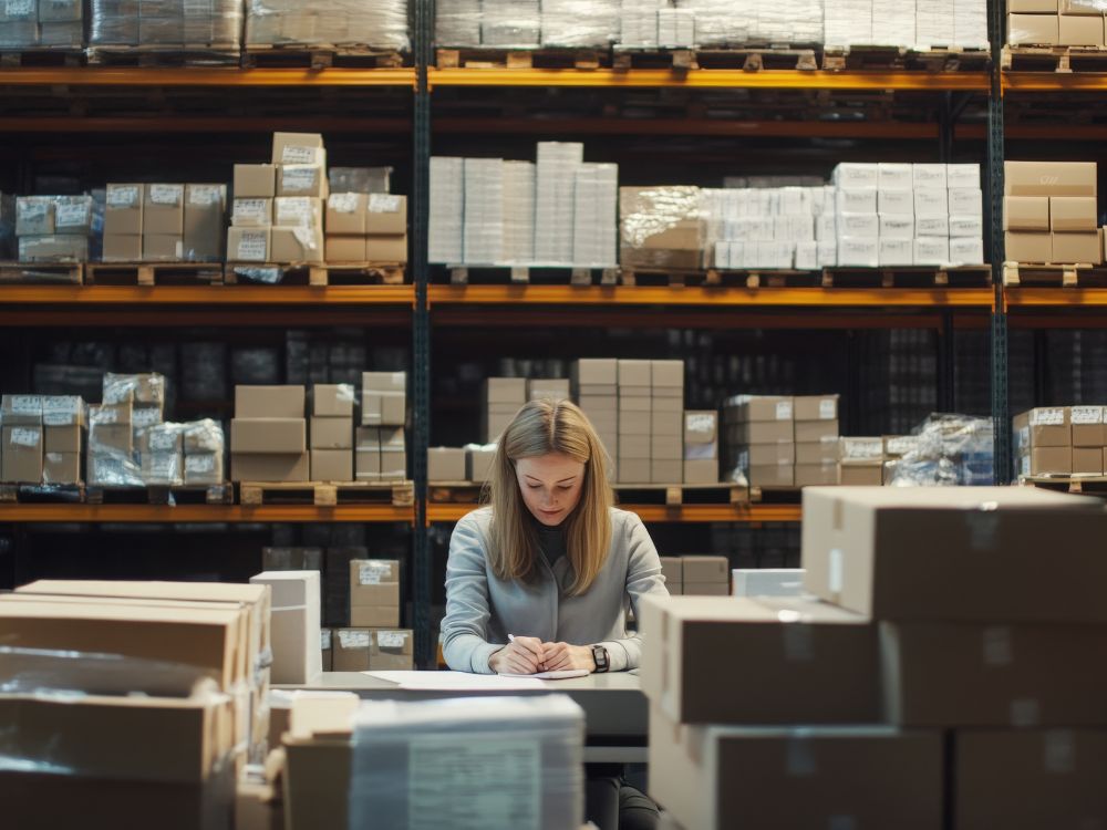 Funcionária realizando conferência de inventário em armazém, sentada à mesa com caixas organizadas em prateleiras ao fundo.